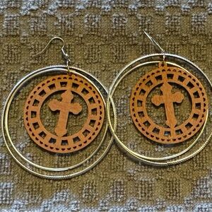 Silver & Brown Cross Hoop Earrings